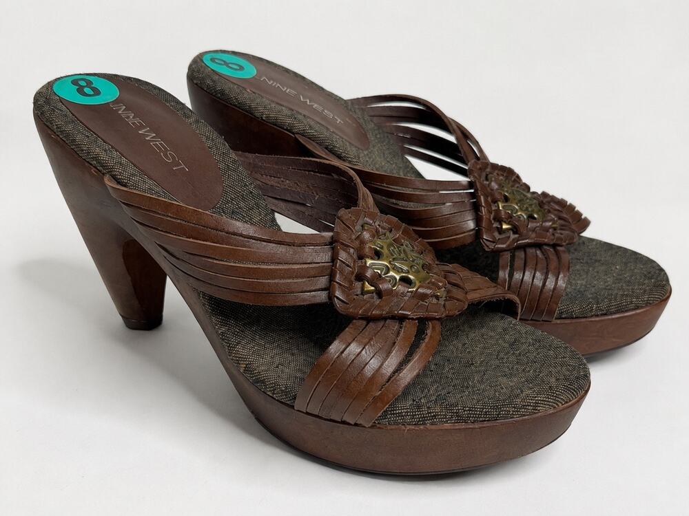Nine West Brown Leather Platform Mule Heels Size 8 | Wooden Heel Slide Sandals